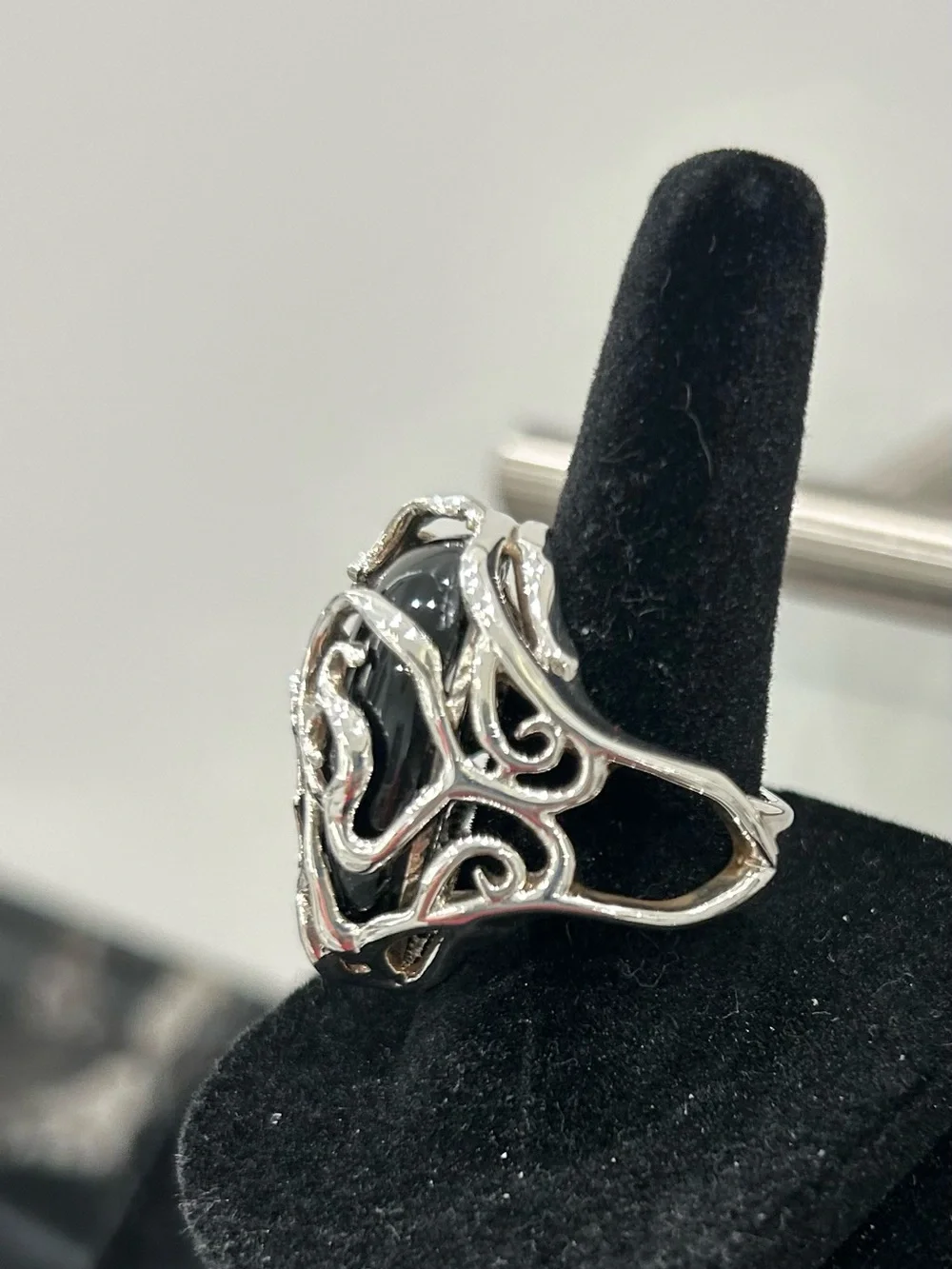 Barse Sterling Silver Filigree Ring with Black Onyx Cabochon